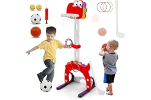 FORROBY 5 w 1 kosz do koszykówki dla dzieci, regulacja wysokości 100-120 cm, przenośny kosz outdoorowy z piłka nożną i do koszykówki, 2 piłki golfowe, 1 kij golfowy, 1 pompką