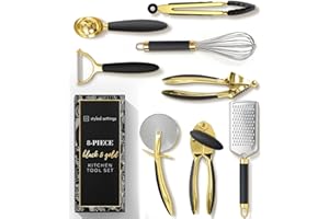 STYLED SETTINGS Black and Gold Kitchen Utensils - Luxe 8-Piece Gold Kitchen Tools Set with Can Opener, Pizza Cutter, Peeler, Mini Whisk, and Tongs - Stylish Accessories for Modern Cooking and Ideal for Gifting