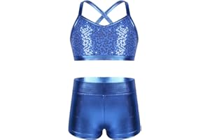 Alvivi Conjunto Brillante de Baile Moderno para Niñas Crop Top y Leggings Cortos Maillot de Gimnasia Rítmica Traje de Deportivo Yoga 6-14 Años