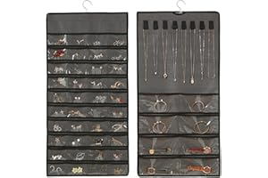 NCOALE Hanging Jewellery Organiser, Dual-Sided Jewellery Organiser Holder Stand with Metal Hooks, 48 Pockets and 8 Necklace Display Belt, Jewellery Rolls for Travelling (Dark Gray)