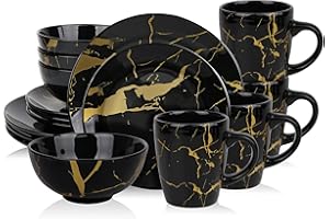 Alivio 16-Piece Premium Porcelain Dinnerware Set – Black & Gold Marble Design, Scratch-Resistant Luxury Tableware Collection