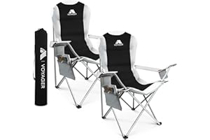 Voyager Set Of 2 Premium Padded Camping Chairs Lightweight & Foldable with Cup Holder & Side Pockets Ideal Water Resistant Outdoor Seats for Garden,Fishing,Picnic,Camping & Travel Heavy Duty (Black)