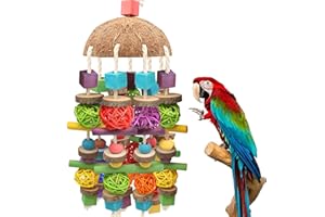 JIJIZHAZHA Large Bird Parrot Chewing Toy,Parakeet Cage Bite Toys Nature Durable Hanging Chewing Multicolored Natural Wooden Blocks ，Rattan Ball and Coconut Shell Tearing Toys for Large Bird Amazon Parrots