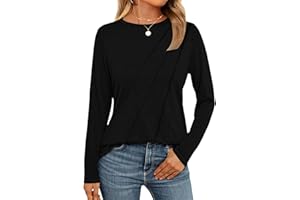 WNEEDU Camiseta Manga Larga Mujer T-Shirt Ligeras de Cuello Redondo Túnicas con Pliegues Informales