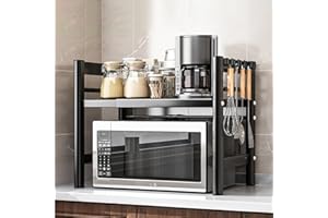 Auauraintt Erweiterbares Mikrowellen Regal,2 stufiges,Stehend Mikrowellenregal,mit 6 Haken,Flexibel Ausziehbar von 40-65cm,für Arbeitsplatte,Bäckereiregale,Küchenorganizer, (Schwarz)