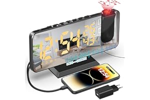TAKRINK Radio Réveil Projecteur Plafond Reveil Projecteur avec Radio avec Double Alarme et Écran Miroir LED, USB, Snooze, 4 Niveaux de Luminosité, 12/24h, 15 Volume, pour La Maison, Le Bureau
