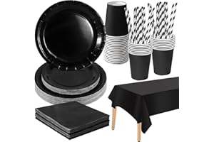PYAILI 121 Pcs Black Party Tableware Set, Paper Plates Cups Napkins Tablecloth, Dinnerware Set for Kids Adult Birthday,Wedding,Baby Shower Party Tableware