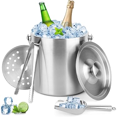 Seau à Glace Isotherme Orton - Double Paroi, Avec Pince Et Couvercle, Acier Inoxydable, Argenté