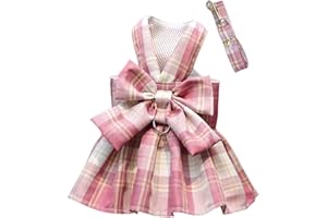 MYKOMI Pet Cat Dog Harness, Cute Checkered Bowknot Mesh Breathable Vest For Small Dogs Cats Costume Torso Harness Stylish Ribbon Walking Harness & Leash Set (M 5.5-9lb, Pink)