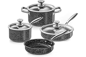 TIEPLIS Stainless Steel Pots and Pans Set, 7-Piece Induction Hob Pan Set with Stay Cool Handles, Nonstick Saucepan Set Cooking Pans Set with Glass Lids, Black Granite Kitchen Cookware Set, PFOS & PFOA Free