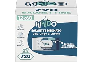 Kikido Salviette Neonato Umidificate - 720 Salviettine, 12 Confezioni da 60 Salviette Umidificate Bambini - Formula Delicata per Pelli Sensibili - Coperchio con Apertura Salva Freschezza