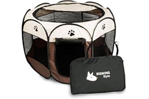 BIGWING Style Parque Mascota de Juego Entrenamiento Dormitorio Perro Gato Conejo Octágono Plegable Lavable Durable 73x 73x 43 CM, Blanco y Café