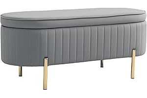 HOMCOM Panca Contenitore Ingresso Ovale 72L Design Scanalato con Coperchio Sollevabile, Seduta Imbottita, Panca Fondo Letto Pouf Cassapanca in Velluto, Struttura in Legno di Pino, 108x44x43.5cm,Grigio