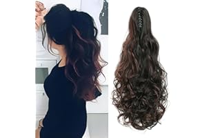 Cybelleza 45cm Extension Queue de Cheval Pince Ponytail Postiche de Cheveux Bouclés Ondulé Synthétiques Longue Queue de Cheval Extensions de Cheveux pour Femme, Marron foncé/Auburn foncé