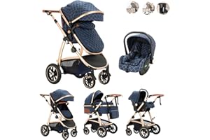 Kakbgee 3 in 1 Pushchair Travel System, Pram Travel System with ECE R129 Car Seat, Height Adjustable Handle Pram with Mosquito Net, High View Aluminum Frame Baby Stroller for Newborn, Blue, 22KG
