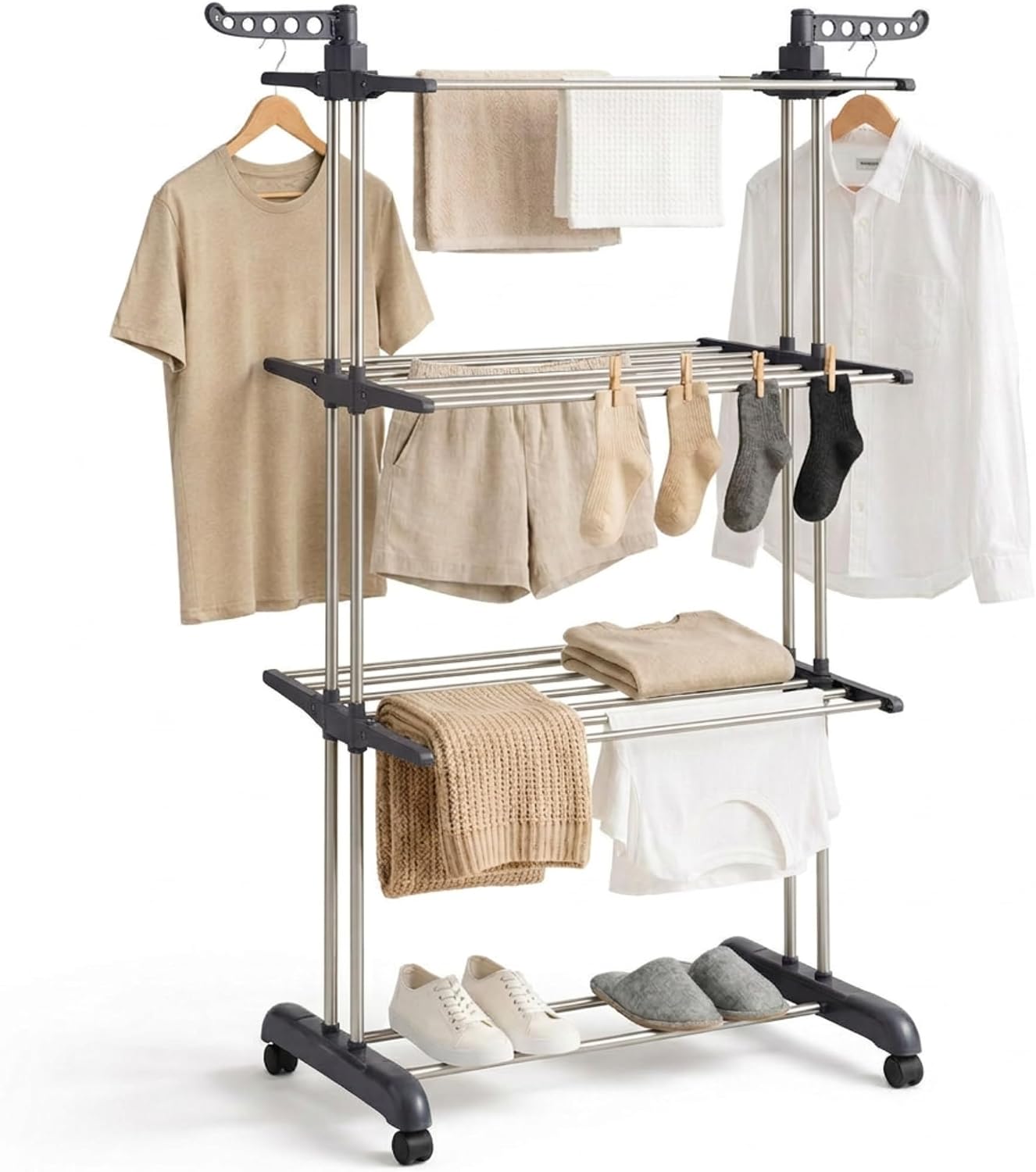 edihome, Tendedero Vertical, Plegable, 4 Niveles con Alas Laterales, Acero Inoxidable, 35 kg Capacidad, con Ruedas, Ahorra Espacio, Interior y Exterior (Gris)