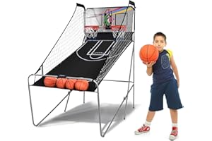 DREAMADE Macchina da Pallacanestro Elettronico, Gioco di Basket Arcade, Canestro Pieghevole, con Contatore, 4 Palle e 1 Pompa, 203 x 109 x 206 cm