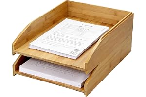 KEBMCHN Bambu förvaringsfack set om 2, stapelbar, skrivbordsförvaring för A4-dokument, naturliga träfärger, för kontor och he