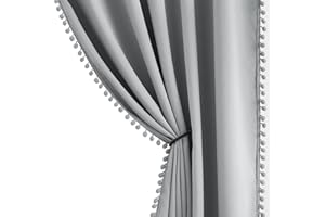 TREATMENTEX Pom Pom Grey Curtains for Bedroom 50 x 72 Inch Pencil Pleat Blackout Noise Reducing Window Drapes Energy Efficient Thermal Insulated Living Room Darkening Curtain Panels Children Nursery Room 1 Pair