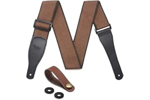 BESTSOUNDS Tracolla per chitarra, 100% morbido cotone e vera pelle, con blocco per tracolla e adattatore per paletta, marrone caffè, coffee