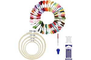 EASYKEENECOM Ricamo Starter Kit, Colori Fili Ricamo, Kit di Attrezzi a Punto Croce con 50 Fili Colorati, 4 Pezzi di Cerchi di Bambù