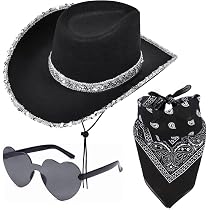Ensemble de chapeau de cowboy bling pour femme | Lot de 3 pièces avec lunettes en forme de cœur et bandana | Fournitures d'événement pour festival et costume