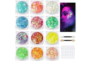 BUTBU Fluorescent Paillettes, 12 Couleurs Gel Glitter pour Corps, Fluoreszierendes Glitzer, Gel de maquillage pour corps, lèvres, maquillage, masquage, Halloween, Noël, Musique Fêtes