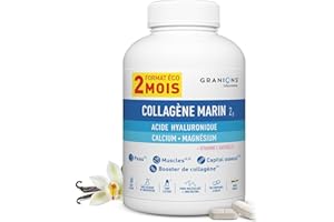 GRANIONS Collagene Marin 2 MOIS- Collagene et Acide Hyaluronique Hydrolysé, Vitamine C, Magnesium & Calcium - Anti Age, Booster de Collagene - 180 Comprimés à Avaler - Collagene Marin Goût Vanille