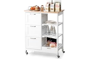 COSTWAY Carro de Cocina con Ruedas Carrito Auxiliar de Madera Carro de Servicio Multiuso con Estantes y Cajón para Comedor Restaurante Blanco