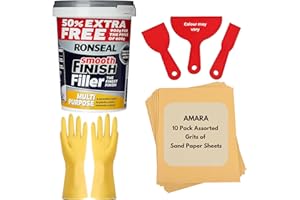 Wall Repair Kit Bundle with Ronseal Smooth Finish Filler Ready Mixed for Holes, Amara 3pcs Plastic Scraper, Sandpaper for Wood & Walls, Rubber Gloves – Ideal for Plaster & Wood Filler Jobs