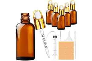Amentalove Amber Glass Dropper Bottle, 5PCS 50ml Pipette Dropper Bottle, Refillable Glass Dropper Bottles with Pipette Funnels Syringe Labels for Essential Oil Massage Aromatherapy Eye Drops