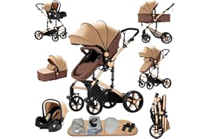 Prokoke Carrito Bebe 3 en 1, Carro Bebe 3 Piezas con Empuje Reversible de Dos Vías, Cochecito Tres Piezas con Estructura de Aleación de Aluminio, Coche Tres en 1 Recién Nacidos (khaki 588)