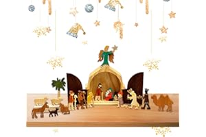 AIZUONI Krippenset Aus Holz, Krippenszene Mit Jesuskind Maria Und Josef-Tischdekoration Für Das Wohnzimmer Im Bauernhaus, Auferstandener Christus Krippen-Set