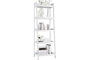 vovala Bookshelf, 5 Tier Ladder Bookcase with Bamboo Frame, Freestanding Tall Narrow Display Plant Shelf for Living Room, Kitchen, Bedroom, Balcony, White