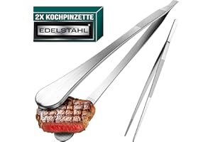 4happy Kochpinzette - 2 Stück Kochpinzette Edelstahl Set, runde Grillpinzette zum Kochen und Braten + spitze Küchenpinzette zum Dekorieren, Pinzette Küche 30 cm