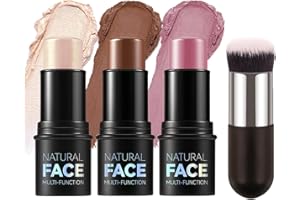 SONGQEE 3 Stück Contour Highlighter Blush Sticks - Lang anhaltende wasserdichte Creme-Konturenstifte Rouge Gesicht Make up with Brush- Bronzer Contour & Shimmer Highlighter (Rosa 156 Set with Brush)