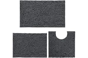 DTXDTECH Tapis de bain antidérapant ensembles 3 pièces, tapis de bain chenille 20*32inch, 16*24 inch et tapis de toilette en forme de U 20*20inch, ensemble de tapis de bain doux et absorbant pour(Gris foncé)