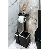 3 in 1 Bathroom Set Toilet Paper Holder, Trash Can And Toilet Brush Set Striped (Chrome Black)