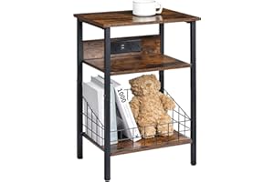 Homsorout Tall Side Table - Bedside Table with Charging Station, 3-Tier End Table with Storage Shelf, Slim Bed Side Table for Living Room, Bedroom, Small Bedside Cabinet, Rustic Brown and Black