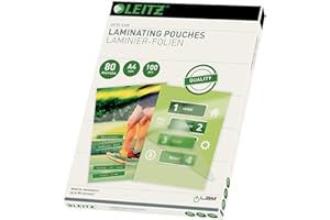 Leitz, Pochettes de plastification, 80 microns, Format A4, Pack de 100 pochettes, Finition Brillante, Haute qualité, pour toutes les plastifieuses à chaud A4 et A3, 33818