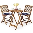 COSTWAY 3 Piece Folding Patio Bistro Set, Acacia Wood Table and Chairs with Cushions, Outdoor Dining Furniture Set for Balcony, Garden and Poolside (Navy Blue)