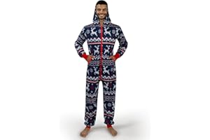 Giggling Getup Erwachsene Weihnachtsfadenpyjama, Männer losen Weihnachts -Pyjama, nordische Druckmuster Urlaubs -Overalls Blau