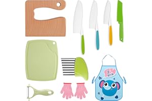 MINISOISO Kindermesser 10 Stück Kinder Küchenmesser Set, Kunststoff Kindermesser in 4 Größen mit Sicheres Holzmesser und Schneidebrett, Kinder Küchenmesser aus Holz Zum Schneiden und Kochen von Obst oder Gemüse