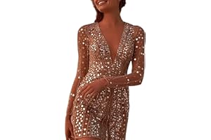 Updayday Vestido Brillante con Lentejuelas Sexis para Mujer, Vestido de Manga Larga Ajustado con Escote en V Profundo, Vestido de Fiesta con Lentejuelas Brillantes y Colorido Mini Shimmer Glam Club