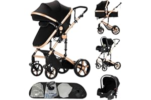 MoLi Passeggino Trio, Passeggino 3 in 1 con Doppia Modalità Push Reversibile, Trio Passeggino Neonati con Grande Navicella, Carrozzina per Neonati in Alluminio Pieghevole (588 Noir Gold)