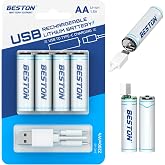 BESTON 4'l&uuml; Şarj Edilebilir AA Lityum Pil | 1.5V 500mAh 2200mWh, USB-C Şarjlı, 1000+ D&ouml;ng&uuml;, Sabit Voltaj &Ccedil;ıkışlı, Mikrofon, O