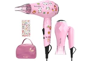 Terviiix Mini Sèche-Cheveux Portable de Voyage, Petit Sèche-Cheveux Léger, Sèche-Cheveux Compact 1000W avec Autocollant DIY pour Enfants, avec Fixation de Buse de Concentré pour Voyage, Double Tension