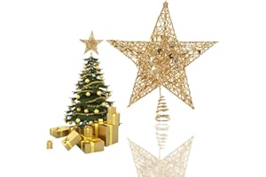 HONGECB Estrella Árbol de Navidad Metal 22cm - Estrella la Copa del Árbol Brillante con Base Espiral Estable, Diseño Hueco 3D, Adornos para la Copa del Árbol Decoración Navideña Clásica, Dorado