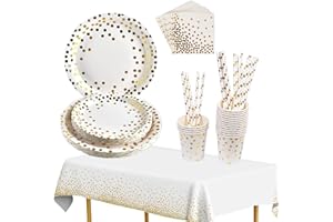 TOPWAYS Oro Bianco Carta Piatti Stoviglie Compleanno Set, carta piatti bicchieri tovaglia stoviglie per feste di decorazioni compleanno Matrimoni Anniversari, BBQ Picnic Campeggio 16 Ospiti