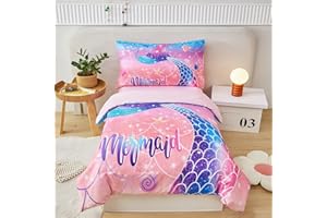 STYHO Pink Mermaid Toddler Bedding Set Colorful Ombre Mermaid Scales Cot Duvet Cover Ser for Girls Ultra Soft Breathable Rainbow Toddler Duvet Set for All Season(Pink, Cot Bed)